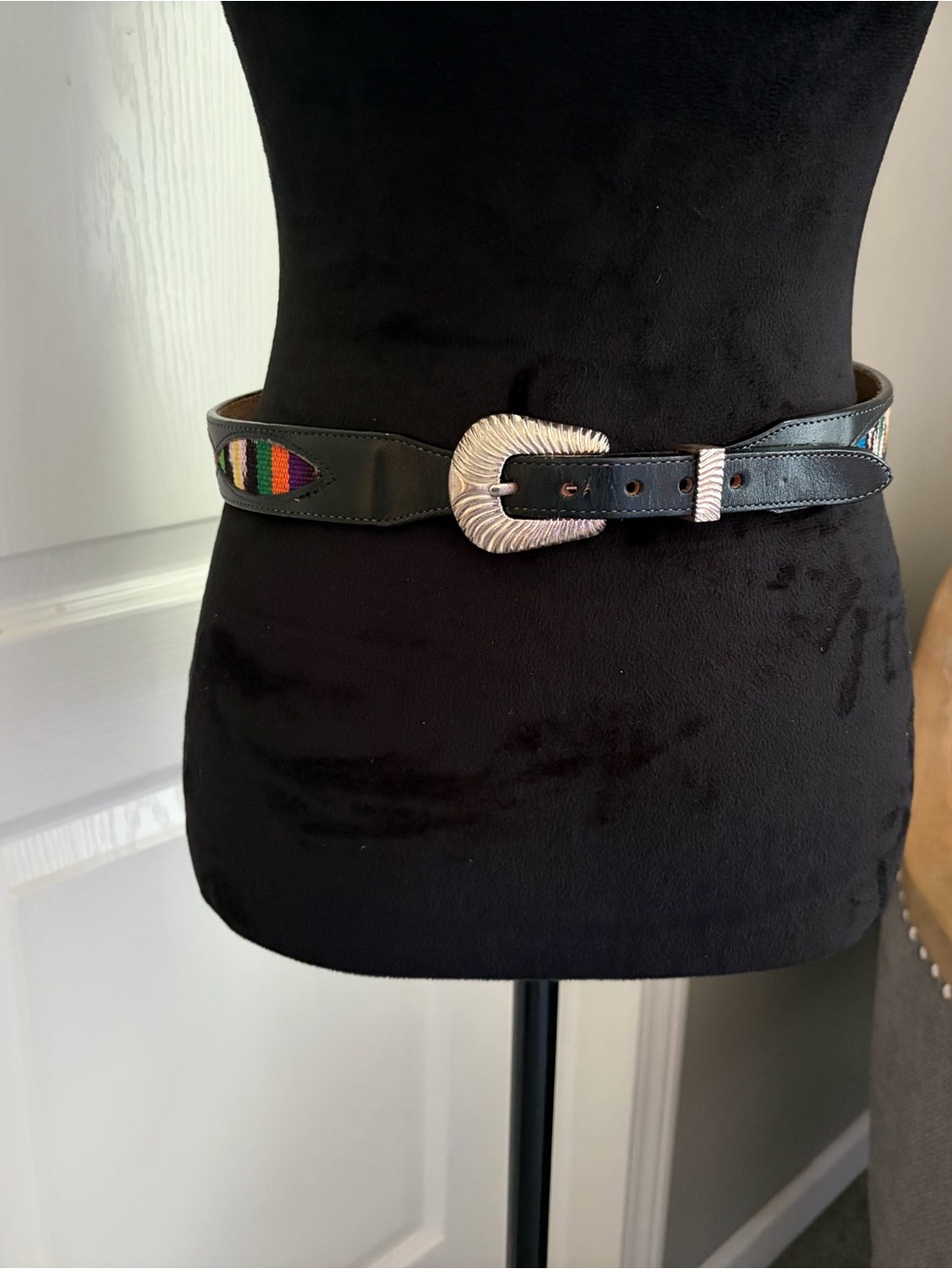 Black Leather Belt with Silver Western Buckle and Colorful Woven Accents